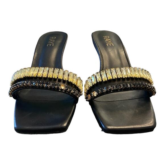 Raye Shoes - Raye Lavan Leather Heels Mule Crystal Embellishments Square Toe Black Size 8